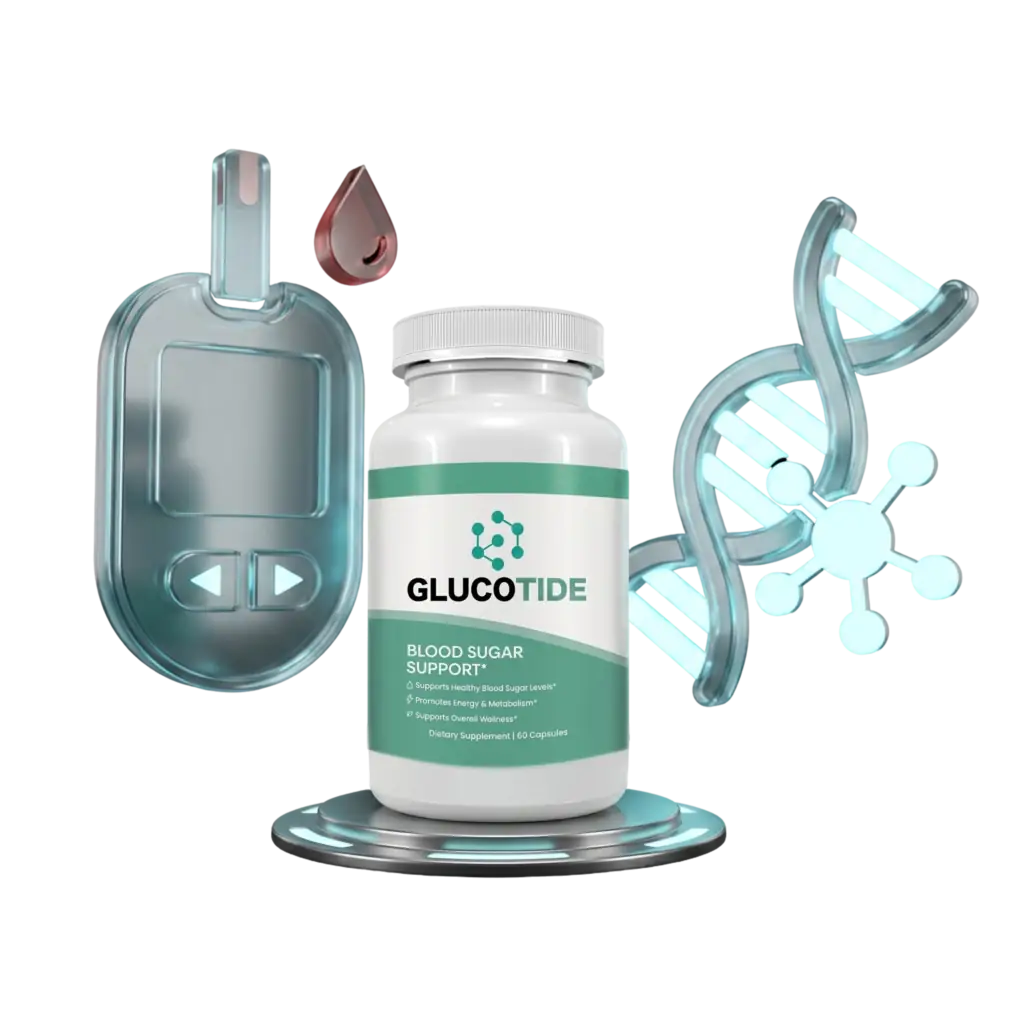 Glucotide blood sugar and metabolic support supplement bottle with blood glucose monitor and DNA strand