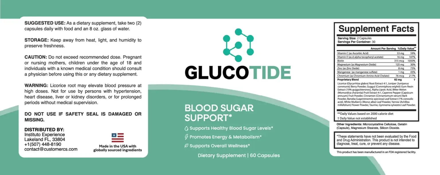 Glucotide supplement facts label showing all ingredients and dosages